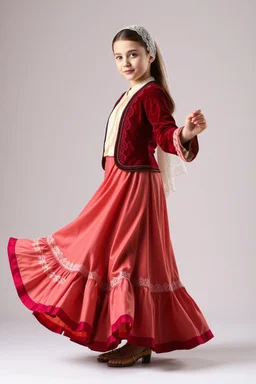 simple background, full body of very pretty little girl in azeri dance wearing A long underdress or shirt, often made of silk,A fitted, often velvet or brocade, jacket worn over the shirt.Wide, bell-shaped skirts are worn, often long and layered to create beautiful movements while dancing, with a long lace scarf at back of her head,in relax pose in front of camera