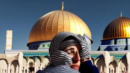 A woman wearing a keffiyeh hugs the Dome of the Rock with her hands