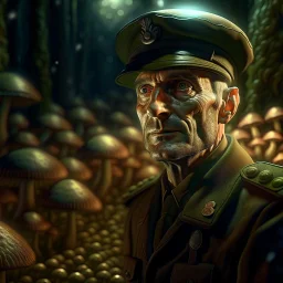 portrait of macho gestapo army officer inside glowing mushroom grove, 4k, down-light, soft light, depth of field, photo realism, trending on art station, high detail, spraypaint