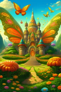 after entering at the green lawn of the palace , unicron sees many butterfies and fowers are there. Generate an outliner image for 3 years old children ebook