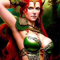 portrait 'beautiful Sexy Busty RedSonja',braided long hair,horned helmet, celtic tattoed,crystal clear green eyes,painting by gaston bussiere, greg rutkowski, yoji shinkawa, yoshitaka amano, tsutomu nihei, donato giancola, tim hildebrandt, oil on canvas, cinematic composition, extreme detail,fit full head inside picture,32k