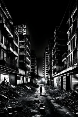 In the dark night of São Paulo, a decadent and desolate metropolis. Ruined buildings, dirty and deserted streets. Threatening figures in the shadows, fear in the air. As an artist, your challenge is to portray all this sadness and decadence in a black and white work of art.