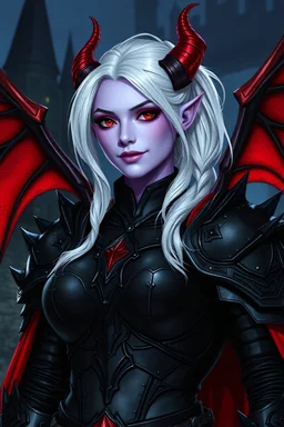 Dungeons and Dragons waist-up shot of a female noble drow inquisitor blessed by Asmodeus. She has white hair in a dutch sidetail, vivid lilac colored skin, looks about 30, crimson eyes, black adamantine heavy armor with spiked shoulderpads, and has a smirk on her face. Her cape is bright red. She has red Devil Horns and Devil Wings. Background contains Menzoberranzan at night.