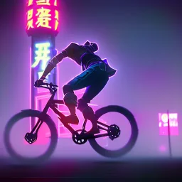 photo of a ninja riding a bike; in an alternate universe in tokyo; cyberpunk; realistic; rain; neon signs