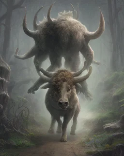 Minotaur, half man. Half bull crw majestically galloping through the dense forest in the style of Doug Hyde , fantastical landscape, soft strokes , mythology portrait, classic illustrated digital design