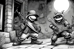 [art by Kevin Eastman and Peter Laird] Once again it's another rap bandit Fiending at I and I can't stand it Wanna be down with the Day-Glo Knocking on my door, saying, "a yo yo" Knocking on my door, saying, "a yo yo" "I got a funky new tune with a fly banjo"