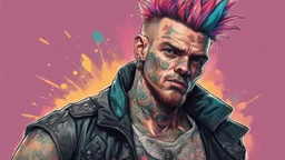 multicolored background, drawing, punk hooligan man, tattoo, high resolution, Artstation trends, fine details, 8K