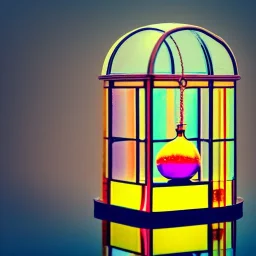 an architectural model of a colorful glass gondola in a bell jar, caustic reflections, frosted glass, glossy from rain, rayonnant style, bokeh, dramatic lighting