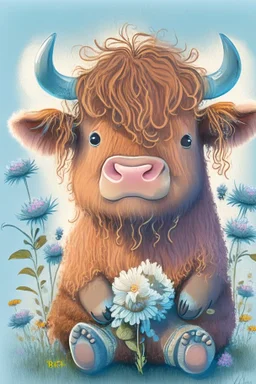 dorable cute happy baby scottish highland cow with dreamy eyes, sitting down and holding a flower, nursery art, very rendered polished Perfect, smooth edges, flawless Facial Features, Stunning, Whimsical Fantasy, Cute, Highly Detailed, Well Rendered, cartoon, illustration