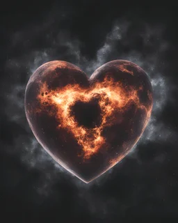 Moon in shape of realisitic heart, cinematic, {abstract}, depression, black background, atmospheric, fire, DLSR, soft focus, dispersion