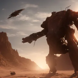 Armored Core machine robot fights another Armored Core fly in the sky in the desert with the ocean where you can see the space in the sky with the twilight on the horizon, 4k resolution