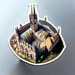 aerial view of a digital artwork of a medieval cathedral as a sticker