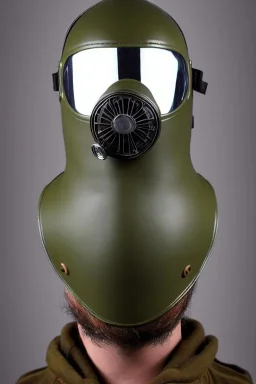 Steam-punk style gas-mask. Large fencing mask covers chin and cheeks. Hood. Reflective surface on face, full coverage, reflective. Black ball eyes. Head full of integrated old-fashioned cameras and phone. Army green surfaces body, latex. Perfect body, thick thighs and calves. Asa Akira's body. Wide hip, skirt bleats nicely. Partly symmetrical. Straitjacket. Rusty and decayed background. Steam-plunge air-bottles. Euclidean 3D-tiling walls. 5th dimensional surface structures. Oppressive atmosphe