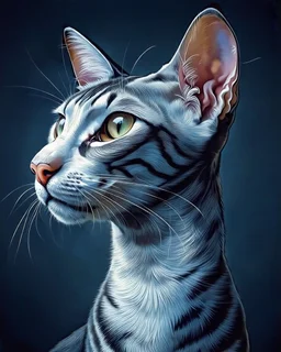 Oriental shorthair blue and white mackerl tabby cat hyperdetailed, In the art style of Jean-Antoine Watteau, Nicholas Roerich, Studio Light.