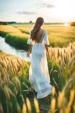 wide angle shot of golden wheat field next to river ,a watermill on river, a beautiful girl in pretty long dress walking in