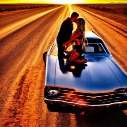 muscle car, man and woman kissing, desert road, sunset, full colour,