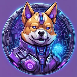 Draw a circular logo of a Shiba Inu cartoon dog with cybernetic modifications, purple fur, a blue LED on its forehead and electronic circuits around it. He has the muscular human body of Arnold Schwarzenegger with a winning attitude.