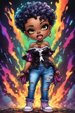 vibrant psychedelic comic book image, airbrush, 48k, cartoon art of a chibi curvy black female wearing torn jeans pants and a black tie dye off the shoulder blouse. Prominent make up with lush lashes. Highly detailed short pixie cut