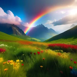 montañas iluminadas por el sol radiante, de fondo un arcoiris y un campo de flores