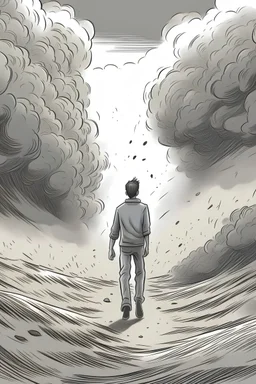 thrilled man vanishing into dust in a grey world drawn