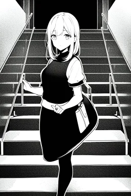 girl runs on the stairs, greyscale