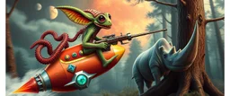 hairy macho gremlin octopus lizard alien couple living in a hi tech marvellous hot dog art graphics and gems on rocket with a mounted sling shot mega harpoon, heading for venus , background motion blur and smoke swirls, and cheeky goose rhino through giant forest with thick tree stumps and grainy textured trees
