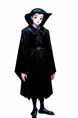 pallid 7 year old boy, necromancer, friendly,wearing black robes, with the lower body of a genie instead of legs, in the style of Harry Clarke
