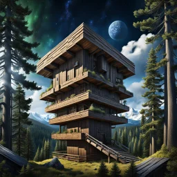 on top of a mountain stands a squat simple building made of thick wooden beams, from the middle of which a large telescope looks towards the sky, above it a wooden roof, the building is surrounded by tall pine trees, strange gigantic dark green trees, as tall as the building so they hide it from prying eyes, dark blue sky, realistic, detailed, cinematic, dark fantasy