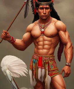 Guaicaipuro, native american god warrior, long black hair, big muscles, red feathers headdress, shirtless, holding a stone tip spear