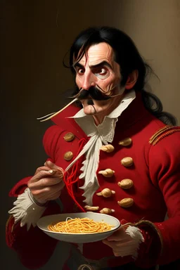 Captain Hook eating spaghetti Middle aged man with Shoulder-length black hair, thin moustache, red jacket