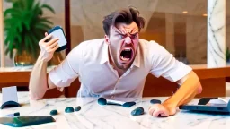 angry guy on phone at missing tabletop next to marble tabletop