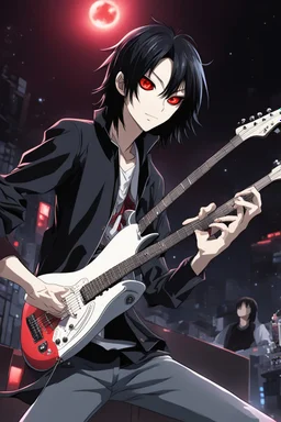 A 30 years old male guitarist playing guitar at a midnight concert, red creepy alien eyes, black hair, athletic build, correct hands, in the style of manga "Rosario+Vampire"