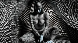 An abstract black and white image showing a person with their body patterned with geometric shapes and lines, creating a striking optical illusion effect.