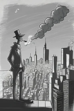 hand-drawn smoking man on a rooftop overlooking a detailed city with streets, building and skyscrapers in the style of stick-figure