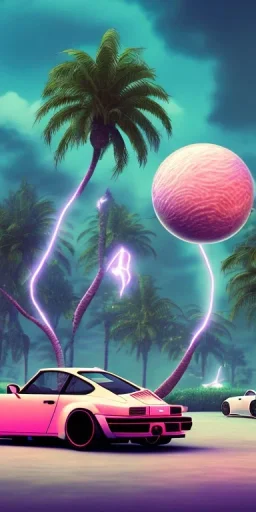 1980's aesthetic vaporwave palm trees and spheres and Porsche with lightning