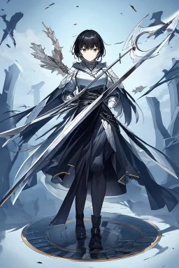 Anime girl with short black hair and sharp green eyes, holding a spear, full body black and white metal plate armour, full body shot, Dramatic lighting,1woman, soaked in blood, Warrior, standing pose, sword at the waist