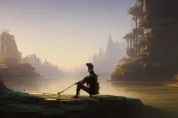 An extremely detailed, exquisite painting of boy sitting fishing surrounded cyberpunk dessert