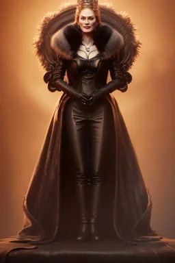 Cersei Lannister as evil queen in black leather and fur, busty, cleavage, curvy, lena headay, angry, stern look. character design by cory loftis, fenghua zhong, ryohei hase, ismail inceoglu and ruan jia. unreal engine 5, artistic lighting, highly detailed, photorealistic, fantasy