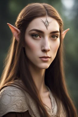 young elven woman with an ordinary face, short brown hair and brown eyes, wearing simple commoner dress young elven woman with an ordinary face, short brown hair and brown eyes, wearing simple commoner dress