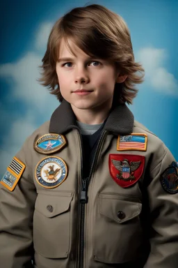 10-year-old Tom Cruise is posing for his school picture wearing a flight jacket adorned with flying patches - Sparkling, Sky blue Background, professional quality studio 8x10 UHD Digital photograph by Scott Kendall - multicolored spotlight, Photorealistic, realistic stock photo, Professional quality Photograph. colored Fog