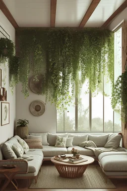 Use an image of a cozy, well-decorated living room. The atmosphere should emanate cleanliness and comfort. Fresh air flowing through a room, light beams or soft wavy lines to show air circulation, green leaves, flowers, or even a backdrop of a clear blue sky to associate the service with freshness and purity.