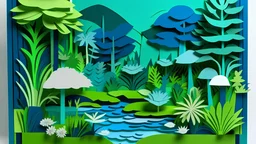 Minimalist paper cutout of a garden with a lake. Shapes are geometric. Colors are vivid, electric blue, electric green and electric grey.