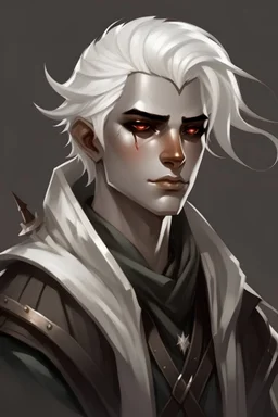 young aasimar male, white hair, spiky hair, rugged medieval clothes, pale gray eyes, pale skin
