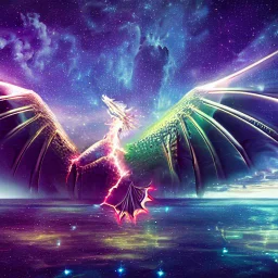 Celestial dragon with wings spread above a breathtaking cityscape by the lake in a thunderstorm, an amazing starry night with stunning reflection, full Moon, stars, milky way, highly detailed,triadic colors cinematic light 16k resolution