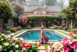 all scene is made of small colored cubes:a luxury villa yard with pool in center and pretty plants trees flowers, morning mist, lost paradise atmosphere,a pretty model lady in victorian clothing walking in villa yard in flowers .every thing and lady is made of small colored cubes as a puzzle