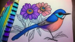 A drawing of a bird and a flower made with alcohol markers.