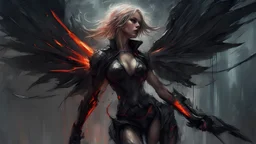 biomechanical women, beautiful, cyberpunk, dusty blonde, short square, large biomechanical black wings, sword, cybernetic, dynamic pose, rain, wind, ashes, flashes of fiery threads, sketch art, fine lines, grunge, sensual, darkness, dark colors, by Raymond Swanland & Alyssa Monks & Anna Razumovskaya