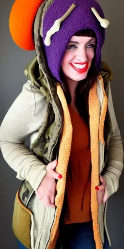 Brunette woman.thick thighs,thick calves,normal bodytype. big head. Mantle is sewed of upcycled Denim and sewed together of camouflage pieces. Colors are orange,red, cream and purple and various denim colors. It is with big bright purple felt tippet and cream-colored-hood. mantle is merged with satchel, ochre. AKG-style headphones (gold rings!) is merged with small felt cap with visor. Style: Haute Couture in 1920's, N.Y.C fashion in 2024, inspired by street art. Cream latex gaiter. Tennis shoes