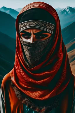 photo of a man with his face covered by a scarf wrapped around his head mountains background
