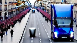 A Tesla semi-truck is racing at top speed, by the 'Sacre Coeur', in Paris. CINEMATIC. WIDE ANGLE LENS. PHOTO REAL.